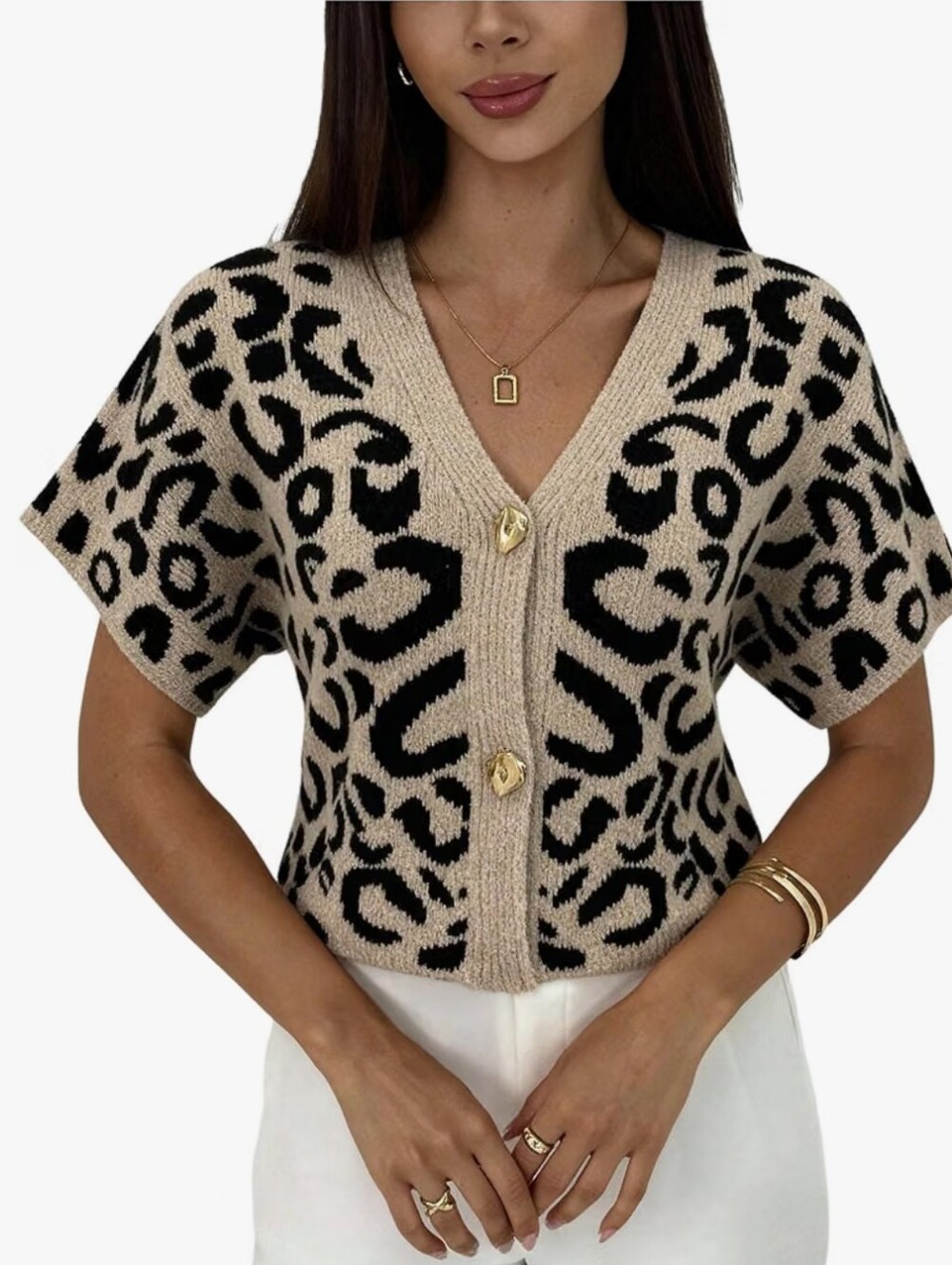 Beige and Black Leopard Knit Short-Sleeve Cardigan